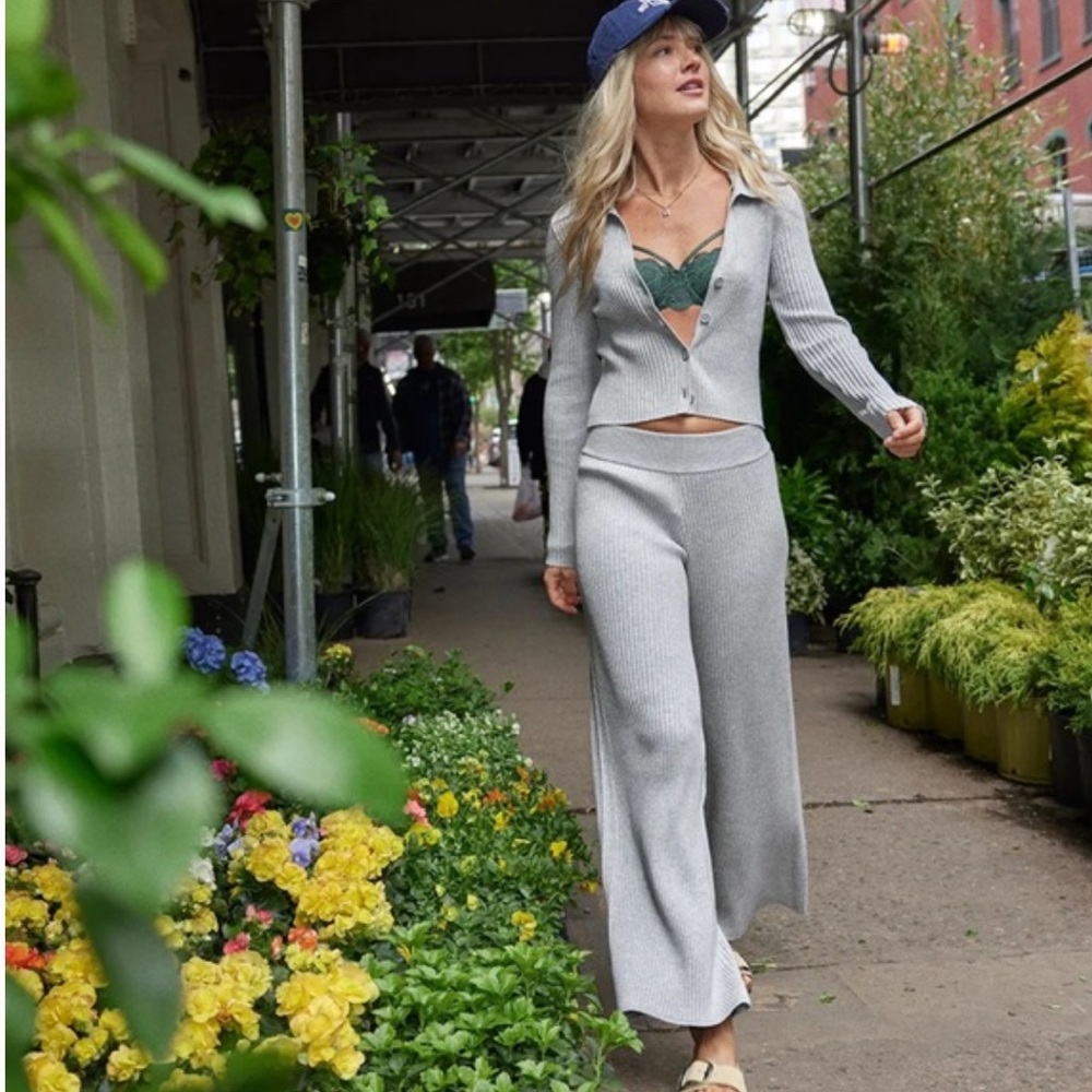 Aerie Gray Rib Knit Wide-Leg Pants